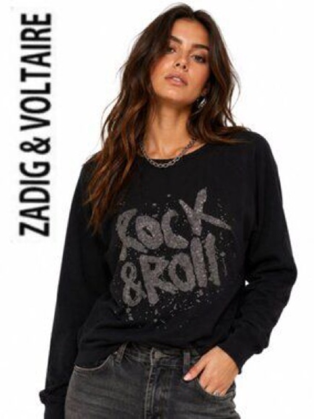 ZADIG & VOLTAIRE silver beaded rock & roll black sweatshirt size medium